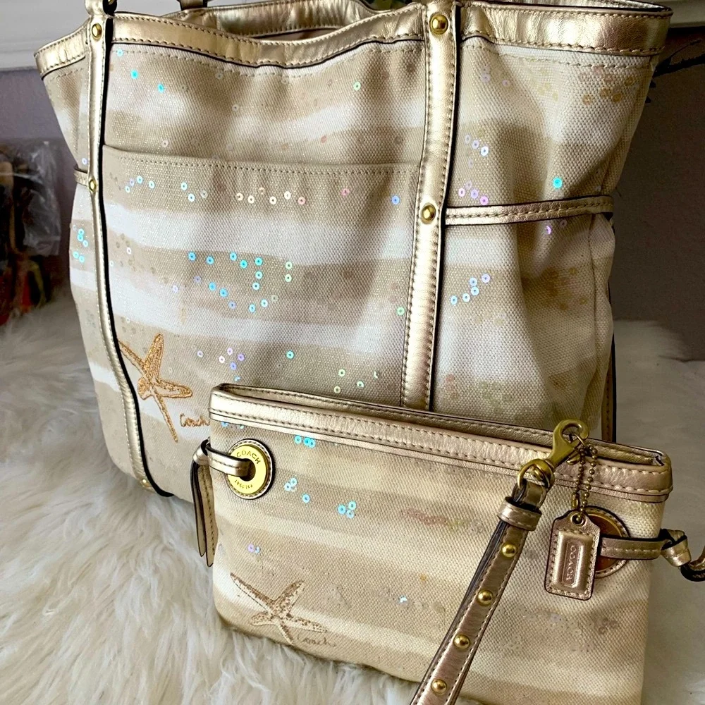 Coach Gold & Cream Floral Sequin Tote with Wristlet